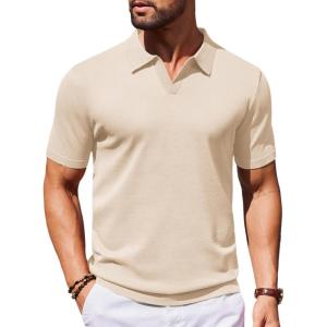 image:imageCOOFANDY Mens V Neck Short Sleeve Stretch Knit Polo ShirtChampagne