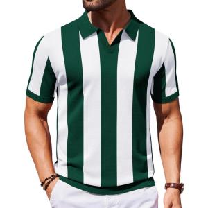 image:imageCOOFANDY Mens V Neck Short Sleeve Stretch Knit Polo ShirtGreen  White Stripes