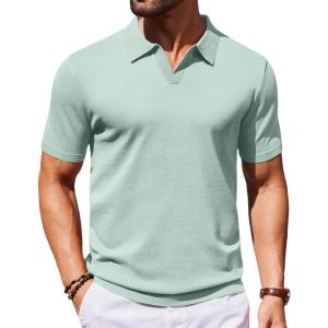 image:imageCOOFANDY Mens V Neck Short Sleeve Stretch Knit Polo ShirtIce Green