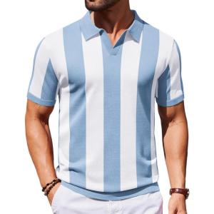 image:imageCOOFANDY Mens V Neck Short Sleeve Stretch Knit Polo ShirtLight Blue  White Stripes