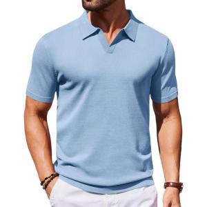 image:imageCOOFANDY Mens V Neck Short Sleeve Stretch Knit Polo ShirtLight Blue