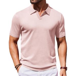 image:imageCOOFANDY Mens V Neck Short Sleeve Stretch Knit Polo ShirtPink