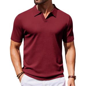 image:imageCOOFANDY Mens V Neck Short Sleeve Stretch Knit Polo ShirtWine Red