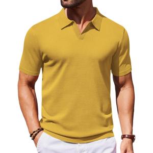 image:imageCOOFANDY Mens V Neck Short Sleeve Stretch Knit Polo ShirtYellow
