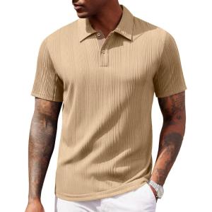 image:imageCOOFANDY Polo Shirts for Men Short Sleeve Shirts Casual Stylish Collared Summer Textured Knit ShirtsKhaki