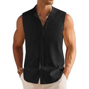 image:imageCOOFANDY Mens Sleeveless Button Up Shirts Summer Beach Tank Tops Collarless Casual Cruise Dress ShirtBlack