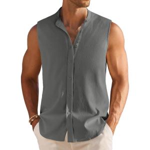 image:imageCOOFANDY Mens Sleeveless Button Up Shirts Summer Beach Tank Tops Collarless Casual Cruise Dress ShirtDark Grey