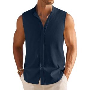 image:imageCOOFANDY Mens Sleeveless Button Up Shirts Summer Beach Tank Tops Collarless Casual Cruise Dress ShirtDeep Blue