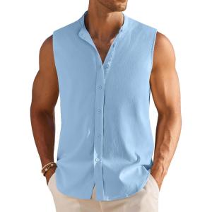 image:imageCOOFANDY Mens Sleeveless Button Up Shirts Summer Beach Tank Tops Collarless Casual Cruise Dress ShirtLight Blue