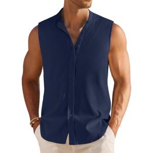 image:imageCOOFANDY Mens Sleeveless Button Up Shirts Summer Beach Tank Tops Collarless Casual Cruise Dress ShirtNavy Blue