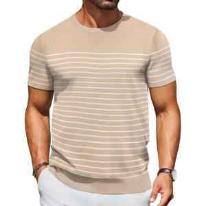 image:imageCOOFANDY Mens Casual TShirts Short Sleeve Crewneck Pullover Classic Knit Tee ShirtsStripe  Khaki