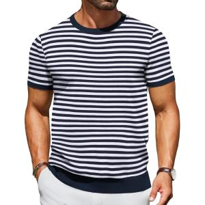 image:imageCOOFANDY Mens Casual TShirts Short Sleeve Crewneck Pullover Classic Knit Tee ShirtsStripe  Navy