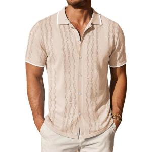 image:imageCOOFANDY Mens Knit Button Down Shirt Vintage Short Sleeve Polo Shirts Casual Beach TopsCream Hexagonal