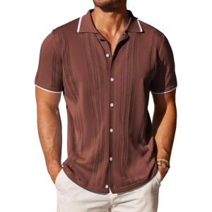 image:imageCOOFANDY Mens Knit Button Down Shirt Vintage Short Sleeve Polo Shirts Casual Beach TopsDark Brown