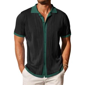image:imageCOOFANDY Mens Knit Button Down Shirt Vintage Short Sleeve Polo Shirts Casual Beach TopsGreen  Black