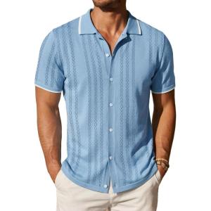 image:imageCOOFANDY Mens Knit Button Down Shirt Vintage Short Sleeve Polo Shirts Casual Beach TopsLight Blue Argyle