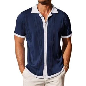 image:imageCOOFANDY Mens Knit Button Down Shirt Vintage Short Sleeve Polo Shirts Casual Beach TopsNavy  White