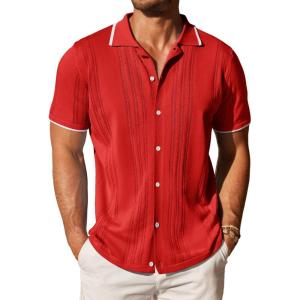 image:imageCOOFANDY Mens Knit Button Down Shirt Vintage Short Sleeve Polo Shirts Casual Beach TopsRed