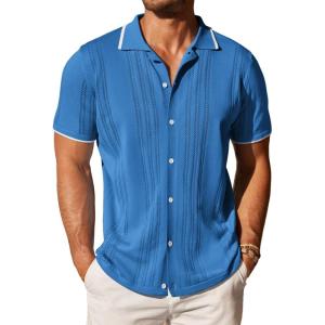 image:imageCOOFANDY Mens Knit Button Down Shirt Vintage Short Sleeve Polo Shirts Casual Beach Topsdemin Blue