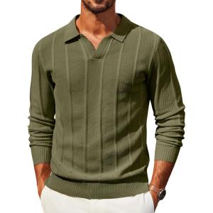 image:imageCOOFANDY Mens Knit Long Sleeve Polo Shirt Casual Polo Collared Sweater VNeck Textured PulloverArmy Green