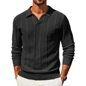 image:imageCOOFANDY Mens Knit Long Sleeve Polo Shirt Casual Polo Collared Sweater VNeck Textured PulloverBlack