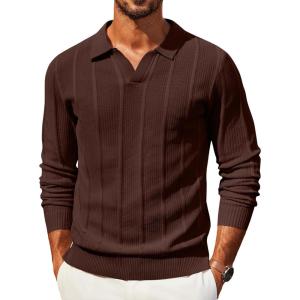 image:imageCOOFANDY Mens Knit Long Sleeve Polo Shirt Casual Polo Collared Sweater VNeck Textured PulloverBrown