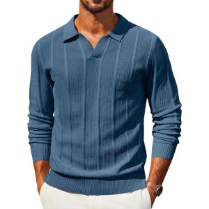 image:imageCOOFANDY Mens Knit Long Sleeve Polo Shirt Casual Polo Collared Sweater VNeck Textured PulloverDark Blue