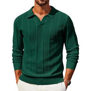 image:imageCOOFANDY Mens Knit Long Sleeve Polo Shirt Casual Polo Collared Sweater VNeck Textured PulloverEvergreen