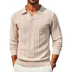 image:imageCOOFANDY Mens Knit Long Sleeve Polo Shirt Casual Polo Collared Sweater VNeck Textured PulloverLight Khaki