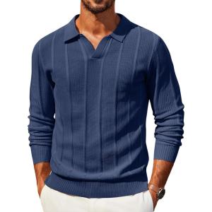 image:imageCOOFANDY Mens Knit Long Sleeve Polo Shirt Casual Polo Collared Sweater VNeck Textured PulloverNavy Blue