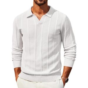 image:imageCOOFANDY Mens Knit Long Sleeve Polo Shirt Casual Polo Collared Sweater VNeck Textured PulloverWhite