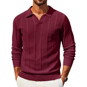 image:imageCOOFANDY Mens Knit Long Sleeve Polo Shirt Casual Polo Collared Sweater VNeck Textured PulloverWine Red