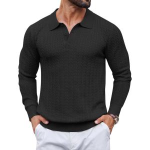 image:imageCOOFANDY Mens Knit Polo Sweater Long Sleeve Quarter Button Polo Shirts Casual Ribbed Collared Shirt Golf Pullover SweatersBlack