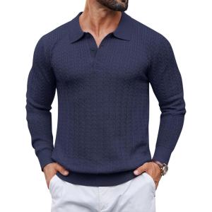 image:imageCOOFANDY Mens Knit Polo Sweater Long Sleeve Quarter Button Polo Shirts Casual Ribbed Collared Shirt Golf Pullover SweatersBlue Purple