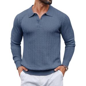 image:imageCOOFANDY Mens Knit Polo Sweater Long Sleeve Quarter Button Polo Shirts Casual Ribbed Collared Shirt Golf Pullover SweatersDark Blue