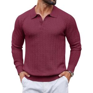 image:imageCOOFANDY Mens Knit Polo Sweater Long Sleeve Quarter Button Polo Shirts Casual Ribbed Collared Shirt Golf Pullover SweatersDark Red