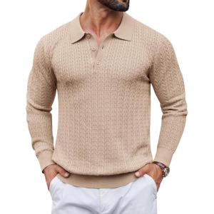 image:imageCOOFANDY Mens Knit Polo Sweater Long Sleeve Quarter Button Polo Shirts Casual Ribbed Collared Shirt Golf Pullover SweatersKhaki