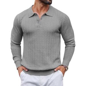 image:imageCOOFANDY Mens Knit Polo Sweater Long Sleeve Quarter Button Polo Shirts Casual Ribbed Collared Shirt Golf Pullover SweatersMedium Gray