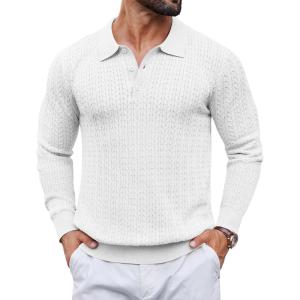 image:imageCOOFANDY Mens Knit Polo Sweater Long Sleeve Quarter Button Polo Shirts Casual Ribbed Collared Shirt Golf Pullover SweatersWhite