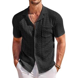 image:imageCOOFANDY Mens Knit Shirts Short Sleeve Button Down Casual Polo Shirt Summer Beach Vacation ShirtsBlack