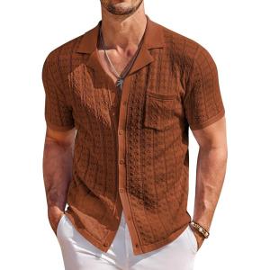 image:imageCOOFANDY Mens Knit Shirts Short Sleeve Button Down Casual Polo Shirt Summer Beach Vacation ShirtsCaramel