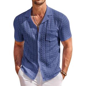 image:imageCOOFANDY Mens Knit Shirts Short Sleeve Button Down Casual Polo Shirt Summer Beach Vacation ShirtsDeep Blue