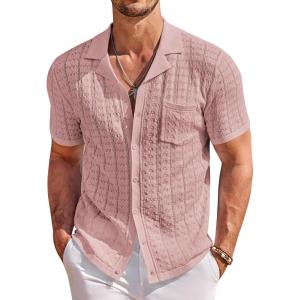 image:imageCOOFANDY Mens Knit Shirts Short Sleeve Button Down Casual Polo Shirt Summer Beach Vacation ShirtsDusty Pink