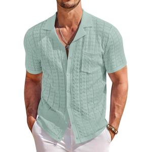 image:imageCOOFANDY Mens Knit Shirts Short Sleeve Button Down Casual Polo Shirt Summer Beach Vacation ShirtsIce Green