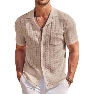 image:imageCOOFANDY Mens Knit Shirts Short Sleeve Button Down Casual Polo Shirt Summer Beach Vacation ShirtsKhaki