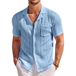 image:imageCOOFANDY Mens Knit Shirts Short Sleeve Button Down Casual Polo Shirt Summer Beach Vacation ShirtsLight Blue