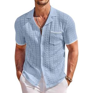 image:imageCOOFANDY Mens Knit Shirts Short Sleeve Button Down Casual Polo Shirt Summer Beach Vacation ShirtsLight Bluewhite