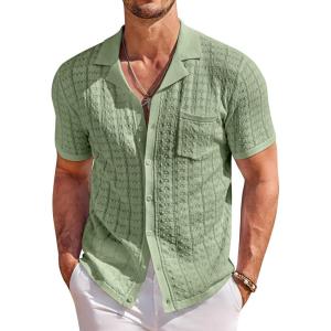 image:imageCOOFANDY Mens Knit Shirts Short Sleeve Button Down Casual Polo Shirt Summer Beach Vacation ShirtsLight Green