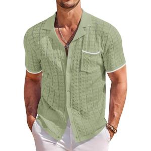 image:imageCOOFANDY Mens Knit Shirts Short Sleeve Button Down Casual Polo Shirt Summer Beach Vacation ShirtsLight Greenwhite