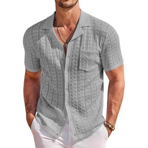 image:imageCOOFANDY Mens Knit Shirts Short Sleeve Button Down Casual Polo Shirt Summer Beach Vacation ShirtsLight Grey